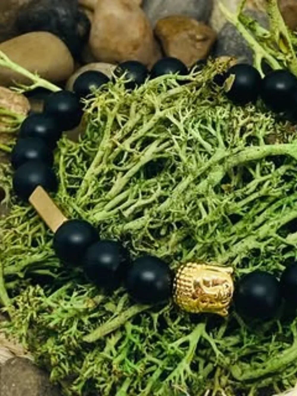 18K Gold Buddha Head * Gold Hematite Bar * Black Matte Onyx - Single Set